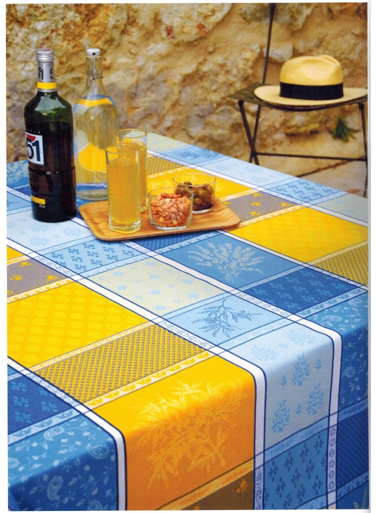 NAPPE JACQUARD ENDUIT VALBONNE JAUNE BLEU NAPPE JACQUARD ENDUIT VALBONNE JAUNE BLEU